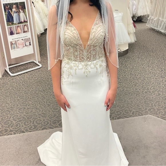 Sheer Plunge Beaded Corset Crepe Wedding Dress - Picture 4 of 7